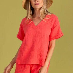 S'EDGE  Coco Top Blossom Gauze Relaxed  Boxy Fit Rolled Sleeves Top Size XS